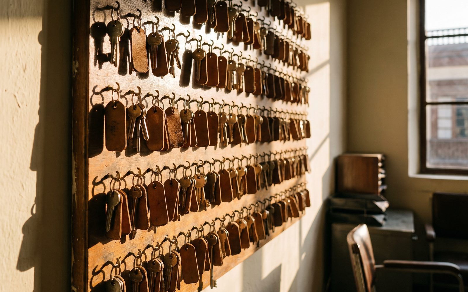 Tablero de llaves de una oficina inmobiliaria: filas de ganchos con juegos de llaves y llaveros de cuero, con el sol de la tarde de lado.