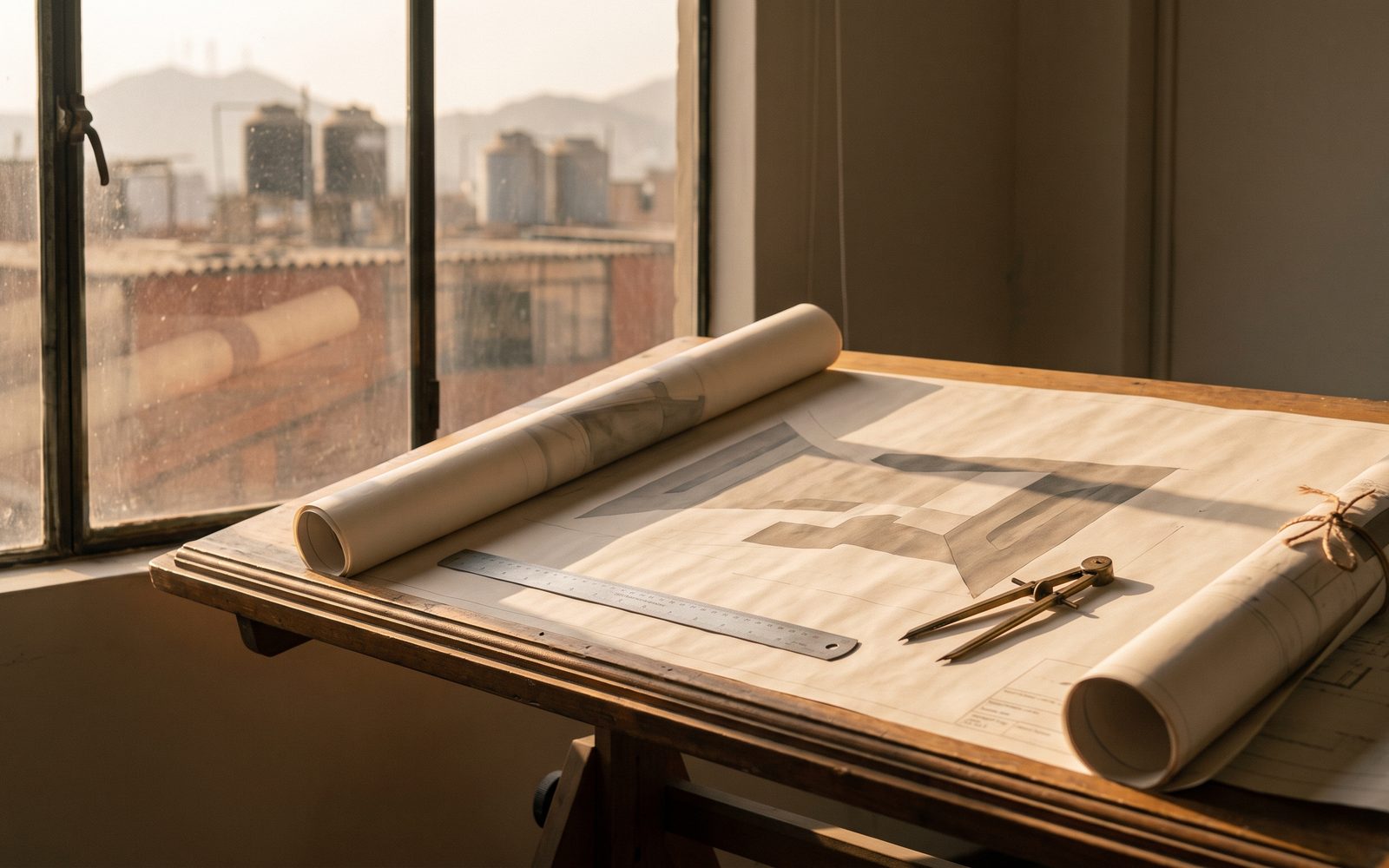 Mesa de dibujo junto a una ventana de Lima a la hora dorada, con un plano desplegado, un escalímetro y un compás encima.
