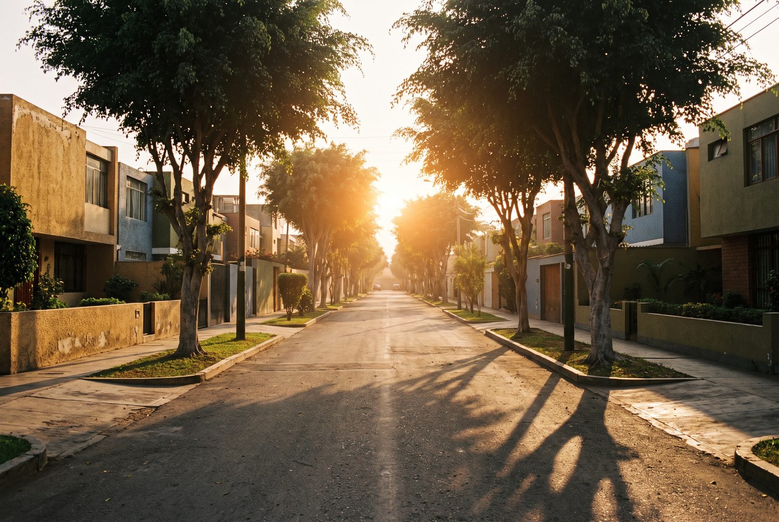 Calle residencial de Lima vista a lo largo en hora dorada, con ficus a los lados y el sol bajo al fondo.