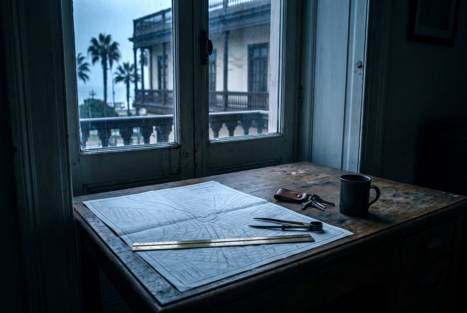 Escritorio de madera junto a una ventana de Lima en hora azul, con un plano de calles desplegado, un escalímetro de bronce, un compás y un juego de llaves encima.